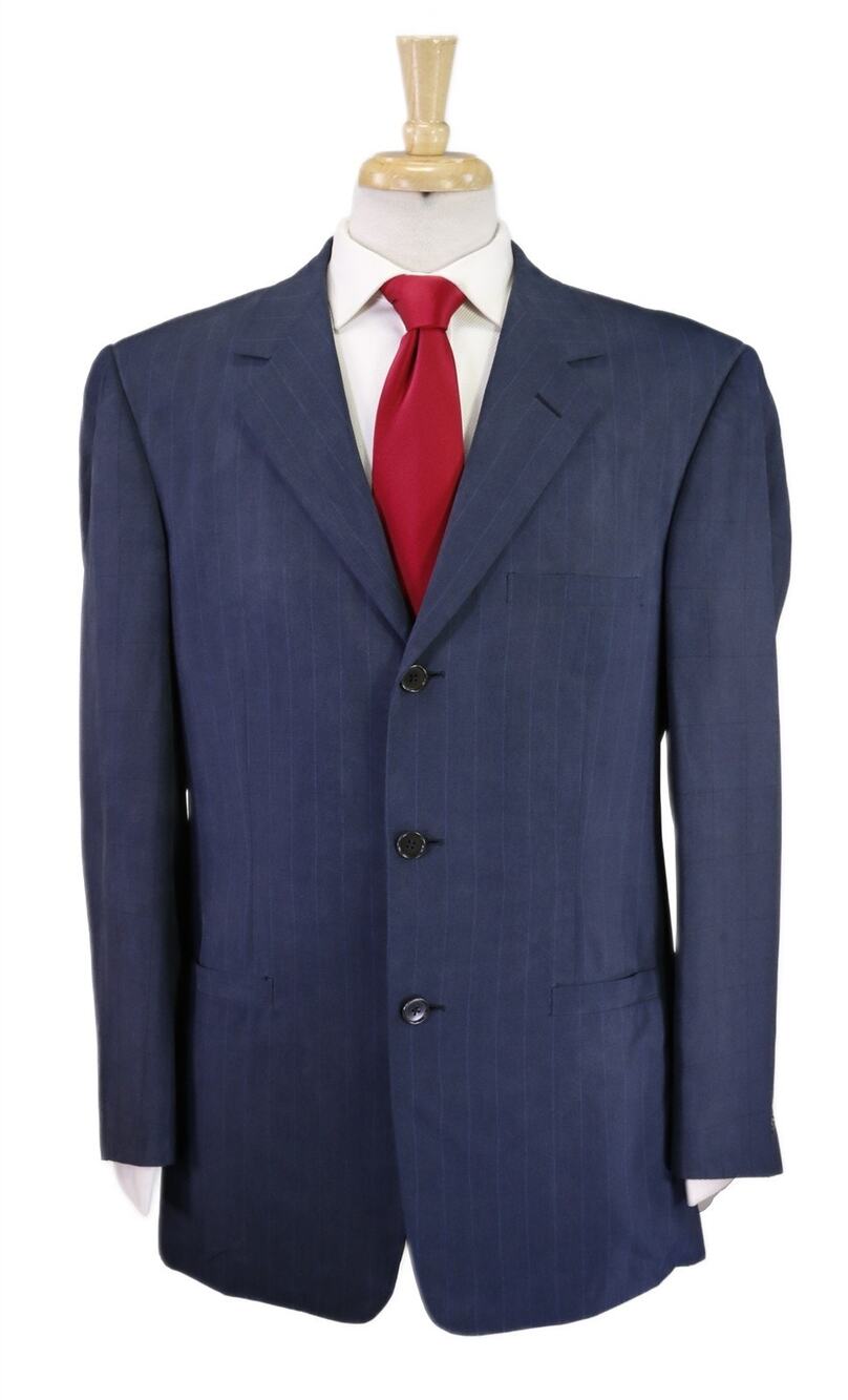 Gianni Versace Mens Vintage 90's Navy Blue Striped 100% Silk Suit 40R